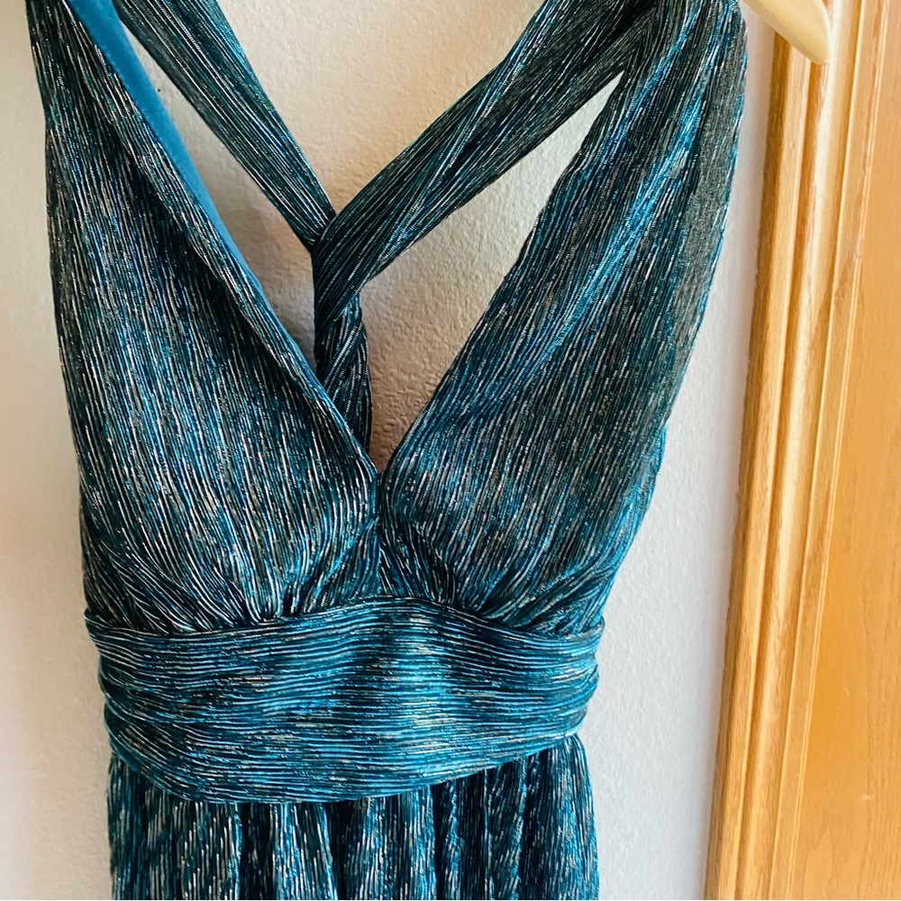 Lulus Ailey Halter Mini Dress Skater Style Twist Back Deep V Metallic Teal Sz M - Picture 9 of 9